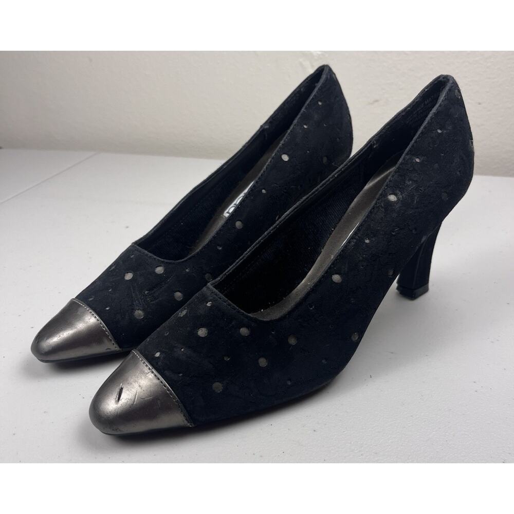 Amanda Vintage 90s Black Suede Polka Dot Cap Toe Heels Size 7M Retro Pumps